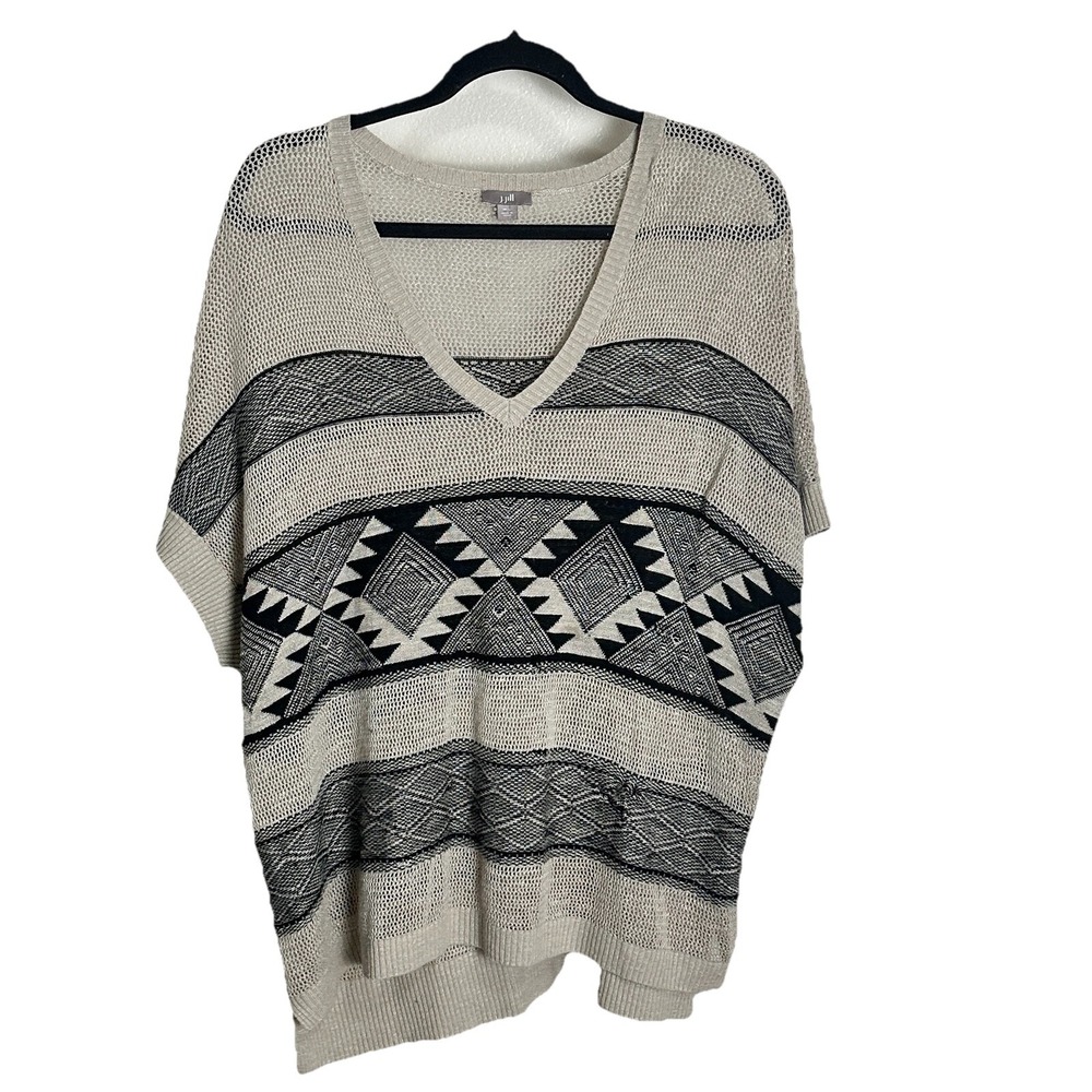 J Jill‎ Women's M/L Open Weave Knit Sweater Short Sleeve Aztec Print Boho Beige